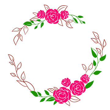 Beautiful wreath. Elegant floral frame isolated with pink flowers and leaves, hand drawn digital vector illustration. Design for invitation, wedding or greeting cards