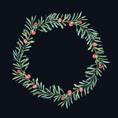 Watercolor Vintage Wreath with Berries, Wildflowers