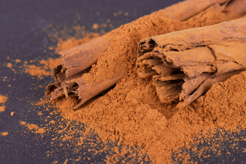 Sticks and ground ceylon cinnamon on dark background.