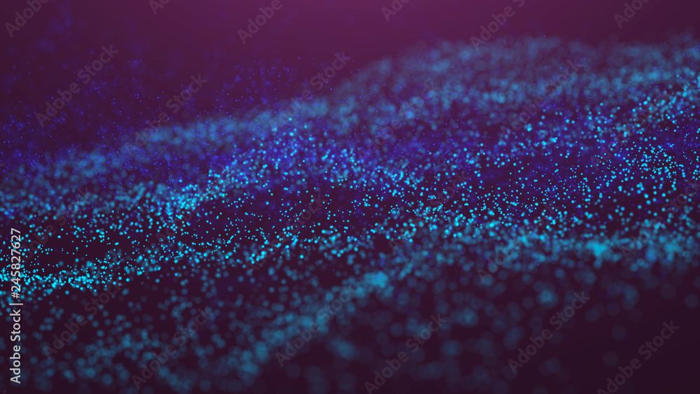 Poster wave glow. wave of particles. wave 3d. 3d rendering. futuristic dots background with a dynamic wave.
