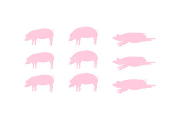 Silhouette Pig Set icons for 2019 year in pink colour isolated on white background. Flat vector background EPS 10