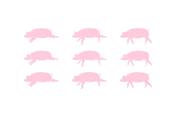 Silhouette Pig Set icons for 2019 year in pink colour isolated on white background. Flat vector background EPS 10