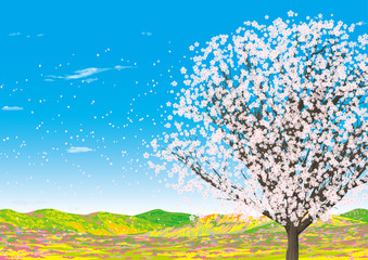 春の野山と満開の桜