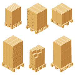 Cardboard boxes and wood pallet isometric set isolated on white background. Vector carton packaging box images.