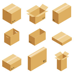 Set of cardboard boxes isolated on white background. Vector carton packaging box images.