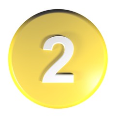 Number 2 yellow circle push button - 3D rendering illustration