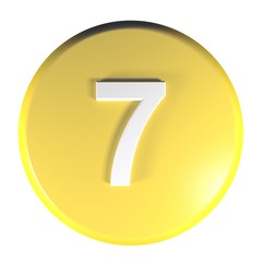 Number 7 yellow circle push button - 3D rendering illustration
