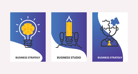 Strategy concept vector illustration. Business strategy, studio set of cards. Light bulb with brain. Good idea icon. Rocket made of pencil. Person made of puzzles. Invitations.
