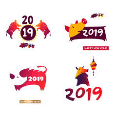 Happy new year 2019. Template badge, sign, insignia chinese paper style boar. Silhouette color pig isolated on white background
