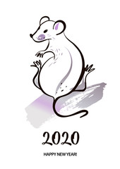 Concept image of symbol chinese happy new year 2020. Wild rat. Freehand drawn silhouette small mouse. Lunar horoscope sign. Vector sketch illustration
