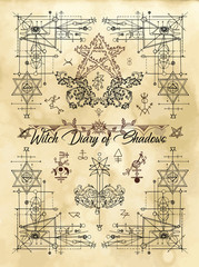 Cover for Witch diary of shadows with sacred geometry and esoteric symbols and signs. Magic wiccan old book with occult illustration, mystic vector background