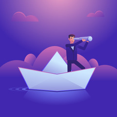 Businessman stands in boat and holds spyglass watching forward. Business direction concept. Colorful design vector illustration