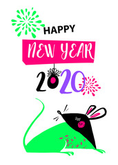 Template image green mouse with black head, rat, mice on white background. Lunar horoscope sign 2020 Chinese Happy new year. Funny sketch mouse with long tail. Vector illustration