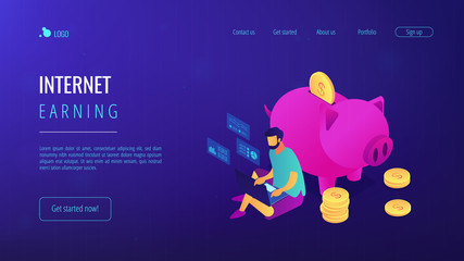 Freelancer with laptop working remotely online and piggy bank with golden coins. Online jobs, remote workplace jobs, internet earning concept. Isometric 3D website app landing web page template