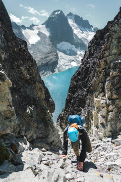 Climbing up a steep coulouir in North Cascades National Park