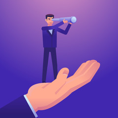 Small businessman with spyglass stands on big hand. Business growth, mentoring. Colorful design vector illustration