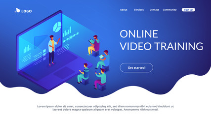 Students e-learning by webinar training and listening to businessman with charts on laptop. Webinar, online video training, tutorial podcast concept. Isometric 3D website app landing web page template - obrazy, fototapety, plakaty