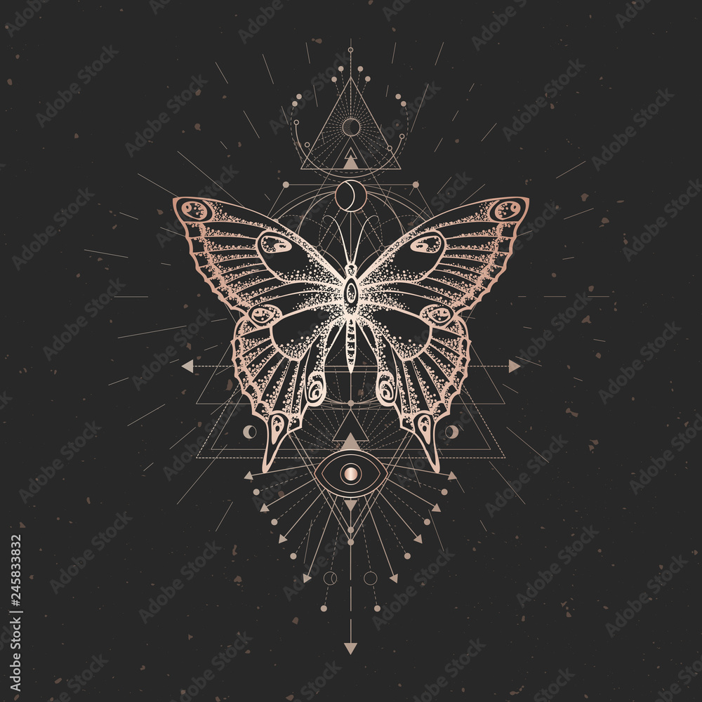 Wall mural Vector illustration with hand drawn butterfly and Sacred geometric symbol on black vintage background. Abstract mystic sign.