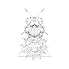 Vector illustration with hand drawn scarab and Sacred symbol on white background. Abstract mystic sign. Black linear shape. For you design, tattoo or magic craft.