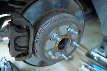 Disc brake rotor and pads on a vehicle