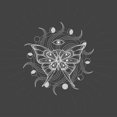Vector illustration with hand drawn butterfly and Sacred geometric symbol on black background. Abstract mystic sign. White linear shape. For you design, tattoo or magic craft.