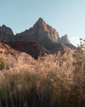 The Wathchman Peak glowing in the evening light.