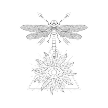 Vector illustration with hand drawn dragonfly and Sacred symbol on white background. Abstract mystic sign. Black linear shape. For you design, tattoo or magic craft.