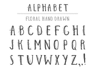 Vector hand drawn alphabet in style grunge with floral elements. Capital letters.