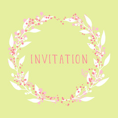 Vector hand drawn illustration of text INVITATION and floral round frame on green background. Colorful.