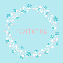 Vector hand drawn illustration of text INVITATION and floral round frame on blue background. Colorful.