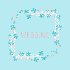 Vector hand drawn illustration of text WEDDING and floral rectangle frame on blue background. 