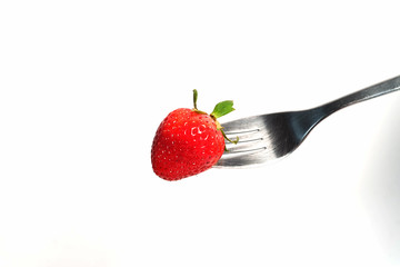 healthy Strawberry impale with stanley fork on white isolated background