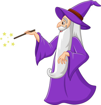 Cartoon old wizard with magic wand
