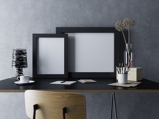 3d mockup render of two empty white poster template in black frame in cozy home office workplace interior in standing side by side position in front of concrete wall