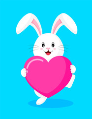 Cute cartoon white rabbit holding love hearts. Happy Valentine's day.  Cartoon character design. Illustration isolated on white background.