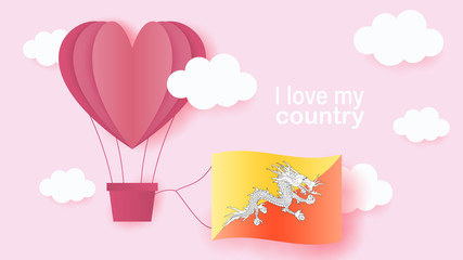 Hot air balloons in shape of heart flying in clouds with national flag of Bhutan. Paper art and cut, origami style with love to Bhutan