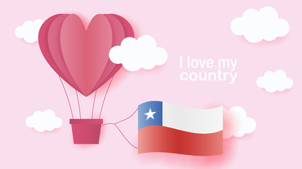 Hot air balloons in shape of heart flying in clouds with national flag of Chile. Paper art and cut, origami style with love to Chile