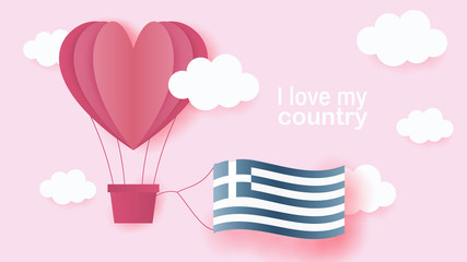 Hot air balloons in shape of heart flying in clouds with national flag of Greece. Paper art and cut, origami style with love to Greece