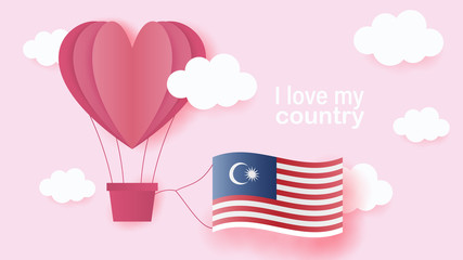 Hot air balloons in shape of heart flying in clouds with national flag of Malaysia. Paper art and cut, origami style with love to Malaysia