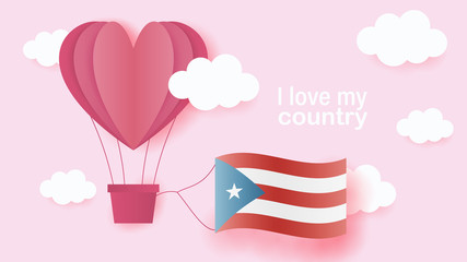 Hot air balloons in shape of heart flying in clouds with national flag of Puerto Rico. Paper art and cut, origami style with love to Puerto Rico