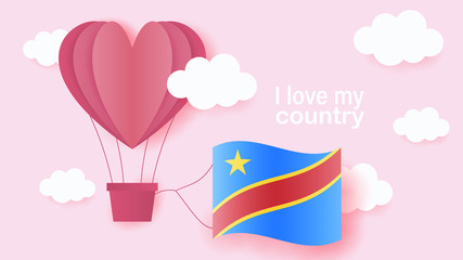 Hot air balloons in shape of heart flying in clouds with national flag of Republic of the Congo. Paper art and cut, origami style with love to Republic of the Congo