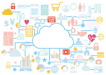 クラウドビジネスに紐づくビッグデータ-アイコンフラットデザイン白背景イラスト