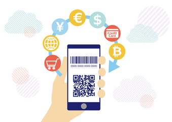 QRコードによるキャッシュレス決済とスマホを握る手-白クラウドネットワークフラットデザインイラスト