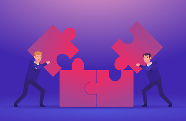 Fototapeta premium Two businessman combine big puzzle together. Teamwork, cooperation, partnership concept. Colorful design vector illustration