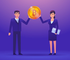 Fototapeta na wymiar Businessman and woman holds bitcoin. Electronic currency concept. Colorful design vector illustration