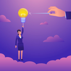 Businesswoman flying on idea balloon, hand holds needle ready to pierce the balloon. Business intervene, obstacles, steal idea. Colorful style vector illustration