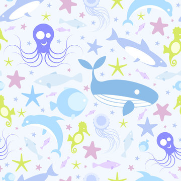 Seamless pattern of the ocean, sea, whales, sharks, dolphins, sea stars, jellyfish, seahorses and fish