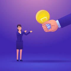 Fototapeta na wymiar Big hand give idea light bulb to businesswoman. Startup mentorship, support, help in business. Colorful design vector illustration