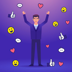 Cheerful businessman standing near falling social media icons. Successful social media. Colorful design vector illustration