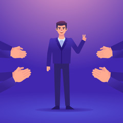 Hands applauding to cheerful businessman. Success, get appreciation, rate. Colorful design vector illustration